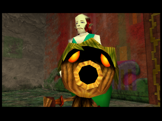 Link from Majora's Mask as a deku scrub. It looks like he's waving. The Nintendo 64 models have improved textures applied to them.