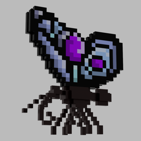 A voxel art butterfly with metallic wings of black, blue, and purple colours