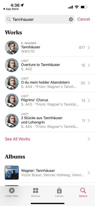 Apple Classical search results for “Tannhauser”