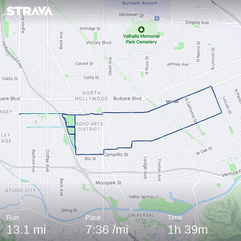 A map of a running route from North Hollywood to Burbank and back