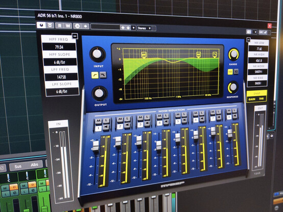 A computer screen with a noise reduction audio plug-in used to improve spoken word.