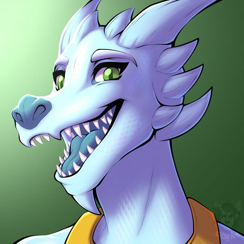 Digital art of a light blue kobold (reptilian/lizard-like) character smiling happily at the viewer, showing off his teeth.