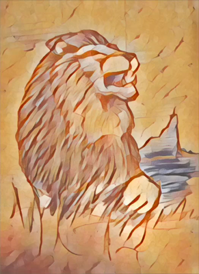 A pencil drawing of a roaring lion, and an image enhanced version