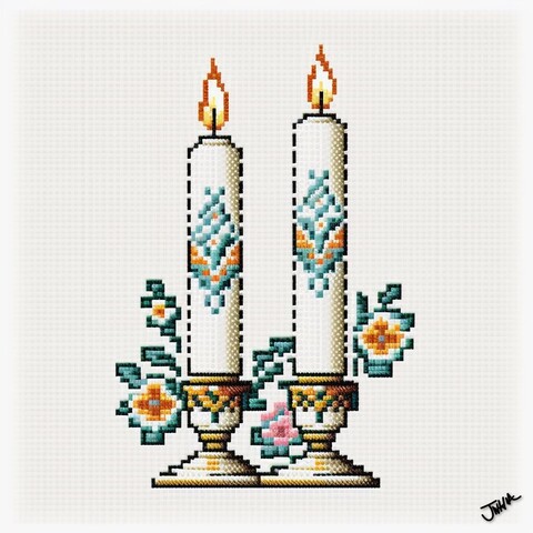 An illustration of cross-stitched Shabbat candles (two nearly-identical decorative candles side-by-side).