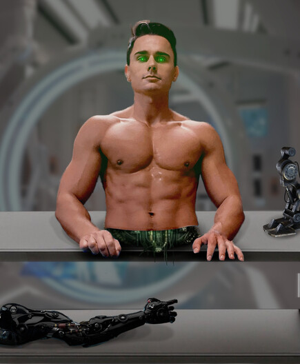 A naked android torso sits on a workbench with wires and machinery coming out of the bottom
