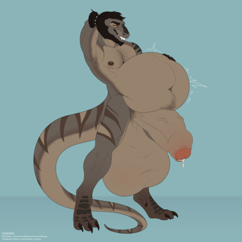 A muscular older anthro male dinosaur in a standing position. His body is two different shades of a pastel green, and has a small amount of body hair under his pits, on his chest, and below his belly button. His thighs and tails have stripes of which are a brown outline and pastel green inside. He bears a hyper-endowed humanoid penis with foreskin partially covering the glans, precum dripping from it, and has hyper-sized balls. His stomach is heavily distended from consuming another character whole, whom of which is not pictured inside. His left hand is rested on his stomach. He is grinning and looking down at his stomach.