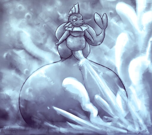 Lewd cartoon sketch of a chunky Vaporeon with balls bigger than his body floating under the sea, cum blasting from his cock. He has a content expression.