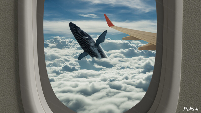 A whale jumping out of the clouds. Looking through the airplane window.