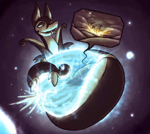 Lewd cartoon sketch of a giant Serperior grinning, wrapped around a universe, sticking their cock into and blowing cum through it. A zoomed-in view shows an Earth-like planet crashing into the surface of their shaft.