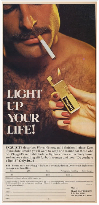 mustache man who is shitless is smoking a cigarette and a women lights it for him with a gold liter. Scene is sexy