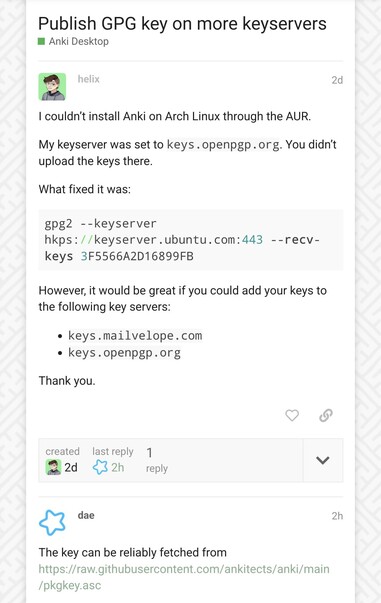 Screenshot of https://forums.ankiweb.net/t/publish-gpg-key-on-more-keyservers/30063