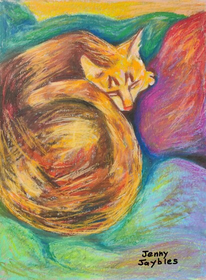 Oil pastel drawing of a brown, yellow and orange cat sleeping on blankets. He is curled up in a circle. The blankets are blue, green, purple and red. The mood is calm and peaceful.