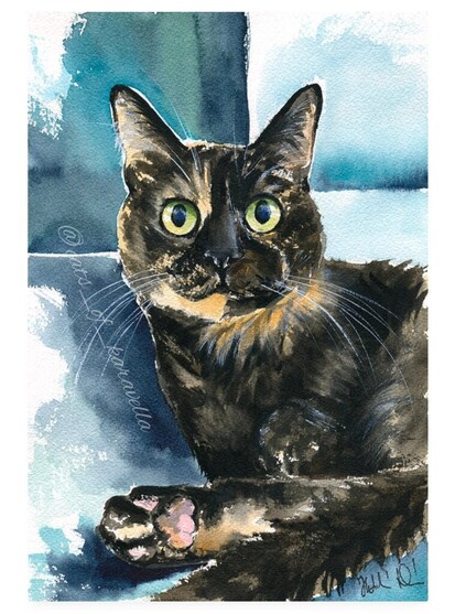 Tortoiseshell Cat Painting handmade watercolor by Dora Hathazi Mendes. Art prints available