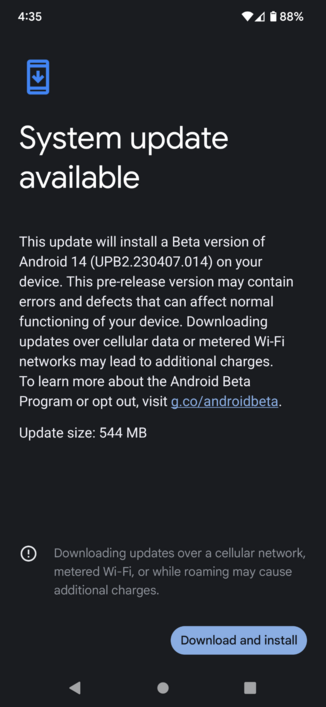 Screenshot of the System Update screen on my Pixel 7 Pro for Android 14 Beta 2.