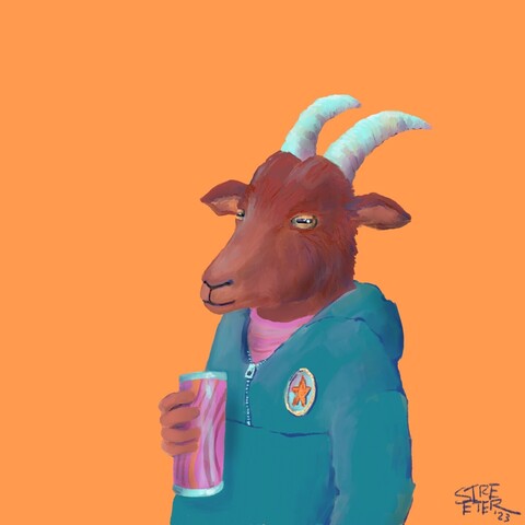 Digital color illustration of a goat in a hoodie holding a soda, on an orange background