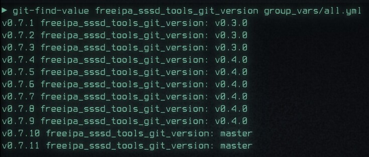ejecución de git-find-value buscando variable en un YAML con la salida del valor de esa variable en cada tag de git