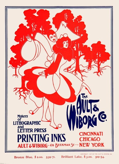 A late Victorian poster in Bronze Blue and Brilliant Lake featuring an Art Nouveau inspired illustration of a man and woman in Pierrot-style outfits and advertising the printing inks of the Ault & Wiborg Co of Cincinnati.