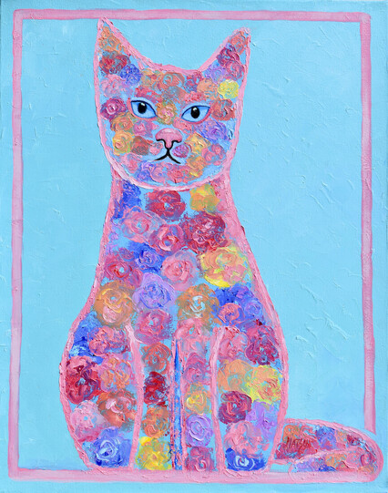 Palette knife oil painting of a floral cat on a bright turquoise background. The blue eyed cat is surrounded by a narrow pink border.
