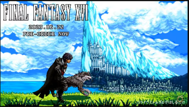 A screen grab from an advertisement for Final Fantasy 16. It is done in an 16-bit pixel style, with the main character and his pet wolfhound running through a grassy plain.