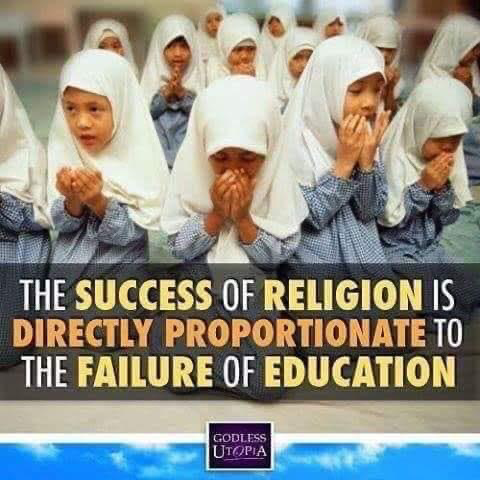 Little girls, dressed in pale blue clothing with white head coverings being forced to pray. Words: the success of religion is directly proportional to the failure of education. №┐╝