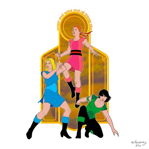 Artwork depicting the Powerpuff Girls from the Cartoon Network show. Aged up, redesigned and drawn in a semi-realistic art-nouveau style.