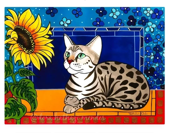 Savannah cat painting by Dora Hathazi Mendes.  Art prints available