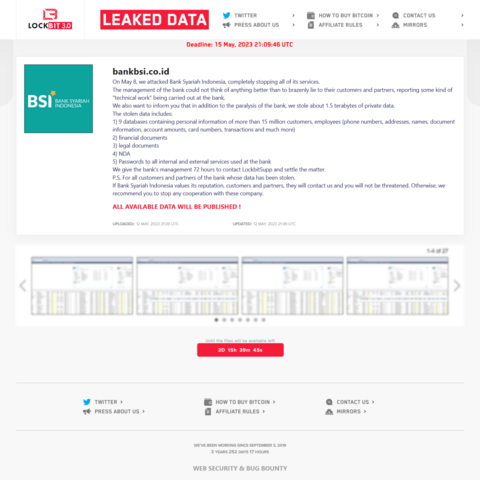 A screenshot of LockBit 3.0 blog post about attacks to BSI bank on 8 May 2023. There are some screenshot below the post.