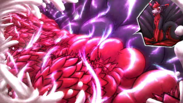 Lewd cartoon drawing showing numerous spiked, knotted cocks spewing cum and tearing up reality in front of a wall of countless. A zoom shows a skulldog at the base of it all, pushing their hands into their crotch with a pleasured expression.