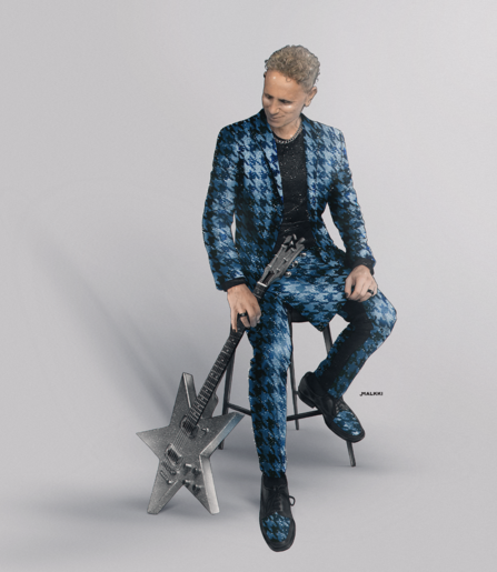 Illustration of Martin L. Gore sitting in a glittery blue houndstooth patterned suit, holding a star shaped silvery guitar by side.