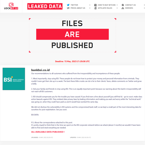 A screenshot of a LockBit 3.0 blog post about their publication of data they gathered from BSI. There are also recommendations for BSI customers.