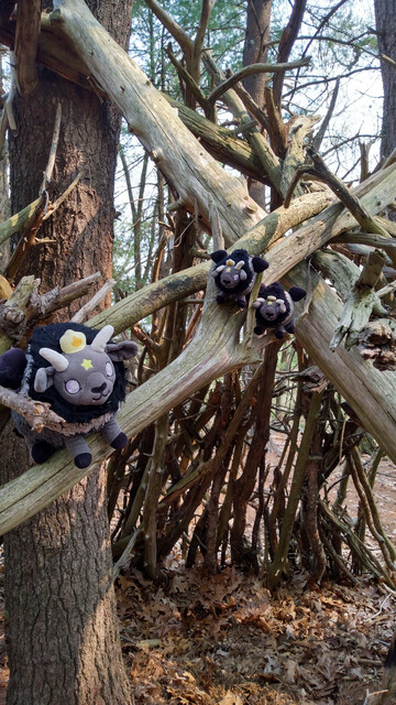 Plushie goat family, hanging out in the remains of a lean-too.