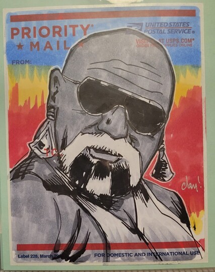 A pen and ink and marker drawing of Superstar Billy Graham on a priority mail sticker
