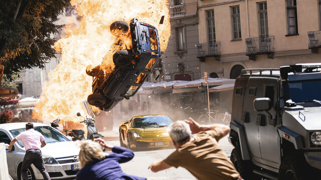 A flaming car flips in mid-air in "Fast X"