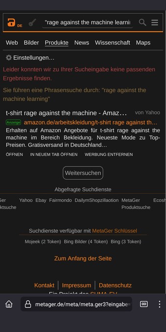 metager search result page with no results. theres an ad for the shirt on amazon in the category â€žArbeitskleidungâ€œ (working clothes) lol
