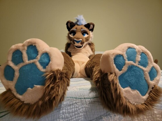 Lioness fursuiter sitting on bed showing toe beans