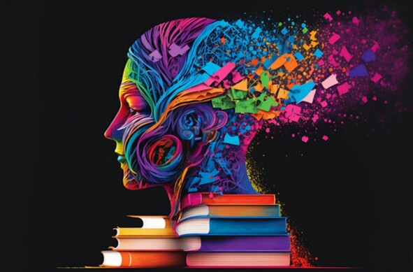 A multicolored head on a pile of books, exploding with creativity, splashing colours.