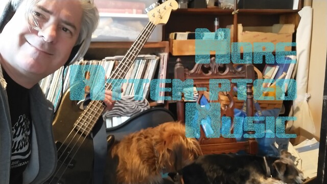 Two dogs lying on chairs in a cluttered room, next to an old guy holding a bass guitar, and the words, "More Attem-pted Music" across the center of the image.