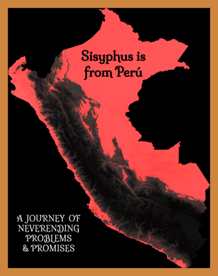 A "book cover" for an imaginary book about the continuous troubles in Peru. It shows a map of Peru in the tone of the red-like color "Peru"