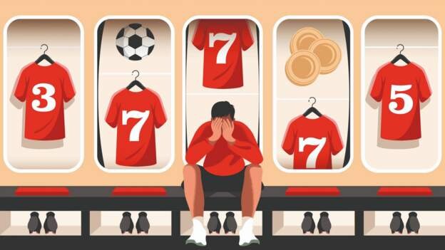 An illustration of a football player in a red jersey sat on a bench with their head in their hands. There are boots below the bench. The wall behind them, where shirts are hanging has been designed to look like a fruit machine, with the wheels spinning to show shirts, footballs and coins