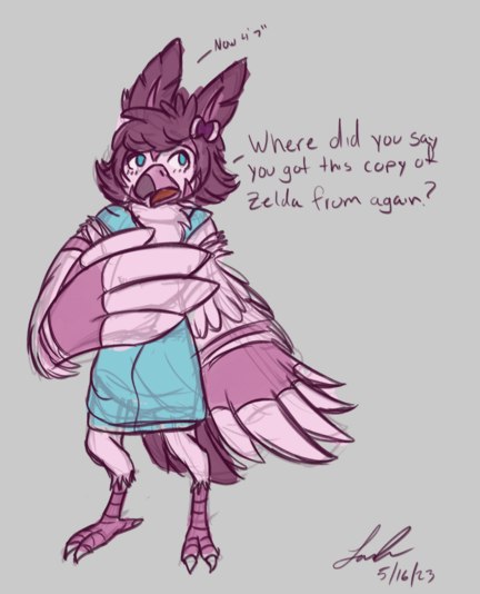 Vee, now a Rito from the Zelda universe. Shrunken down to 4'7", jacket too big for him now, while the sleeves are ripped from wing growth. Vee questions where his friend got that copy of Zelda "Where do you say you got this copy of Zelda from again?" Vee asks.