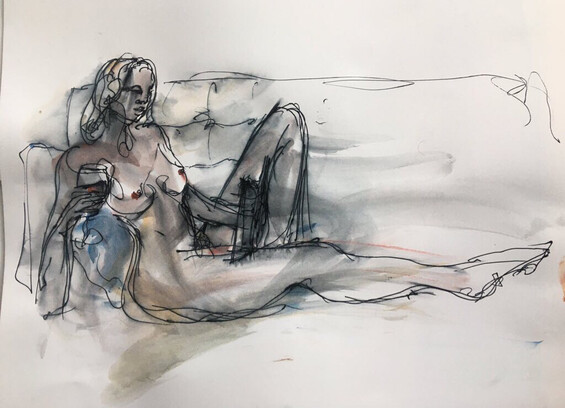A painting of a lady sitting naked as seen from the side with left leg drawn up and right leg outstretched while leaning with right arm on a sofa(?)
Credit @zim2918@mastodon.social