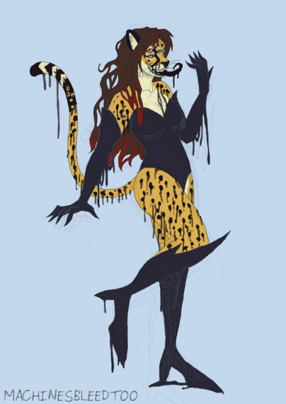 a cheetah lady wearing latex is leaking black from all of her spots. she is grinning with a long black goopy tongue poking out. she has long brown hair with red tips. her hands are clawed and spiky.