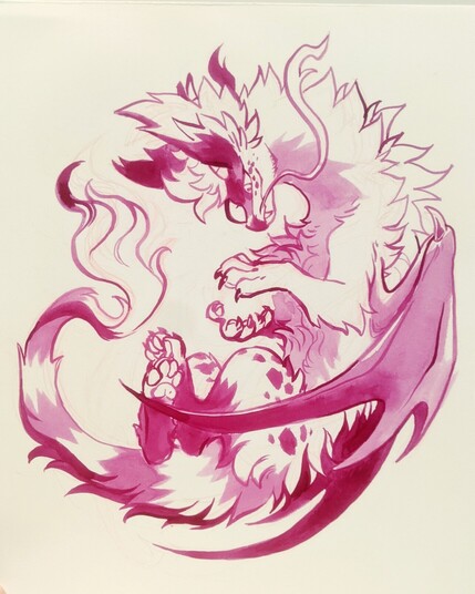A magenta ink drawing of a fluffy dragon curled around an object in its paws