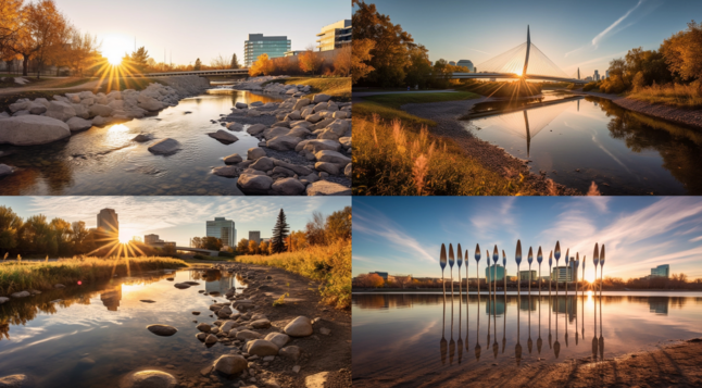 4 very realistic photos of AI interpretation of The Forks in Winnipeg Manitoba Canada. Sunlight behind, fall trees and the red river