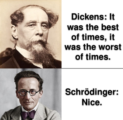 A picture of Charles Dickens on top, with text, and a picture of Erwin Schrödinger below, also with text.

(Dickens)
It was the best of times, it was the worst of times.

(Schrödinger)
Nice.