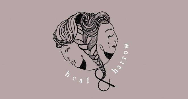 Heal & Harrow podcast logo which features two drawn females heads back to back and pleated together by their hair, with the words, Heal & Harrow underneath with a beige background. The figure head to the left is weeping.