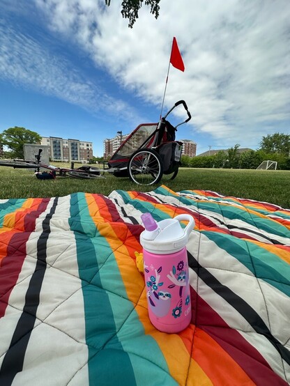 Photo of multi colored striped picnic blanket on grass. A bike trailer with orange flag sits a few feet away. The sky is bright blue with wispy white clouds.