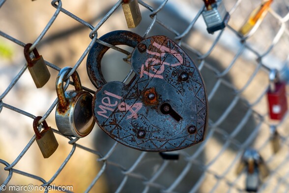 Heart shaped lock attached to a chain link fence