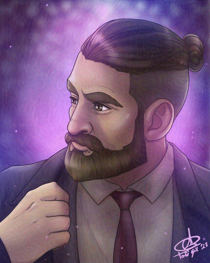 Digital illustration portrait. It is the fantasy race of a dwarf but he is in a cyberpunk setting, so his more sturdy and strong appereance remains. This dwarf man is wearing a three piece suit but you can't see much since it's only from the shoulders up. The suit is grey, the shirt is white and the tie is deep red. He has a prominent nose and ears, he is a mature man looking in his 30s. He has a full and well kept beard, a little mole under the lips, the inferior half of his head is shaved and the other half is long hair in a tiny bun. He has thick eyebrows. His hair and eyes are a light brown shade and his skin is white and slightly tan. In this picture, he looks to the side with a hand holding his suit jacket while a purple light is on the background.