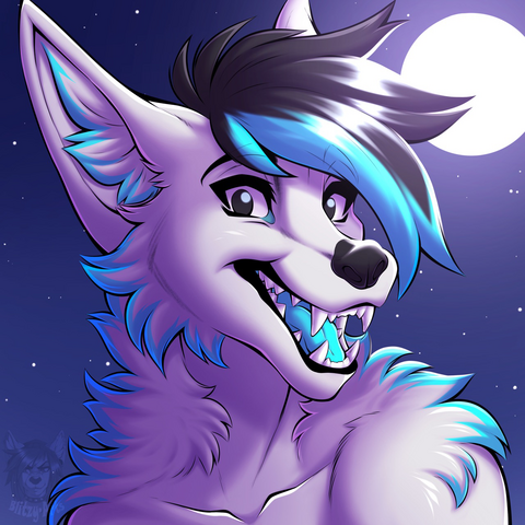 Digital drawing of an anthropomorphic Samoyed character. He is white in color with light blue accents. He has a tuft of black fur with matching blue tips, and he is smiling happily at the viewer. The background is a night sky with the moon.